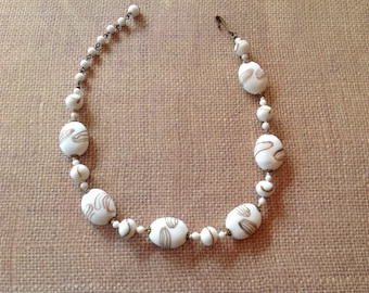 Milk Glass Beaded Necklace Hand Knotted 16 inches long