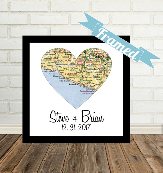 Unique Gay Wedding Gift for Gay Couple Map Art FRAMED Heart Map Art ...