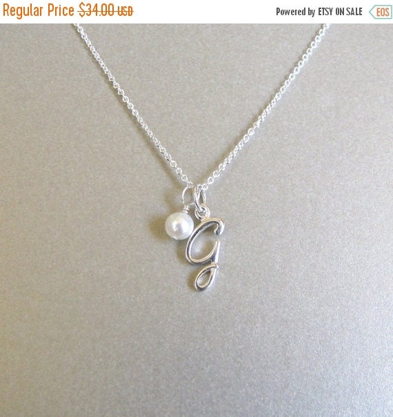 SALE Silver Script Initial & Pearl by tangerinejewelryshop on Etsy
