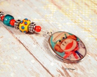Sock Monkey Key Chain, Sock Monkey Key Fob, Fun Key Chain, Lampwork Beads Key Ring. Gift For Her, Handmade Beaded Key Ring. CKDesigns.US