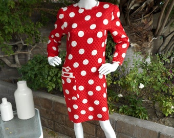 Vintage 1980's David Hayes Red Polka Dot Silk Dress - Size 10