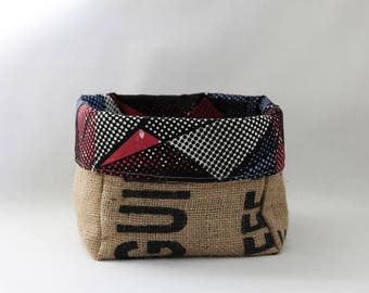 Upcycled Coffee Sack and African Wax Print Slouch Storage Basket Medium