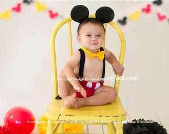 Mickey Mouse Birthday cake smash outfit FREE ears Suspenders diaper Cover yellow bowtie boy clubhouse photo prop 9 12 18 24 toddler SALE