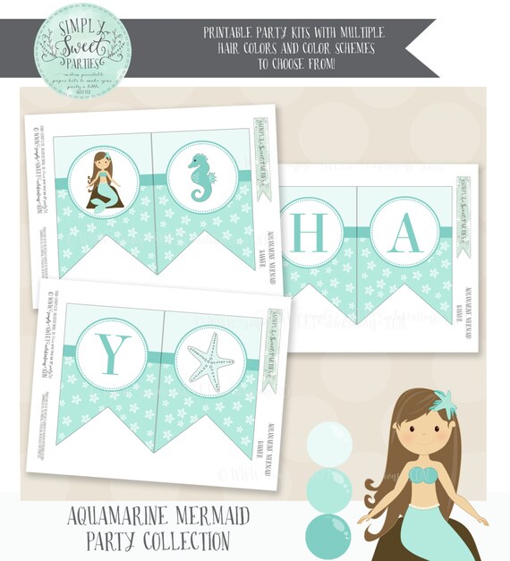 Princess and Pirate Birthday Party DIY printable Banner. Features the phrase HAPPY BIRTHDAY with images for mermaid, seahorse and starfish Il_570xn