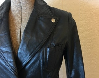 Vintage 70s Black Leather Jacket Fitted Custom Silver Buttons Rocker 36 9 / 10