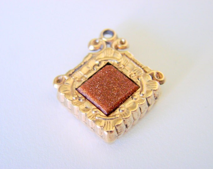 Victorian Carved Goldstone Repousse Gold Plate Watch Fob Antique Jewelry