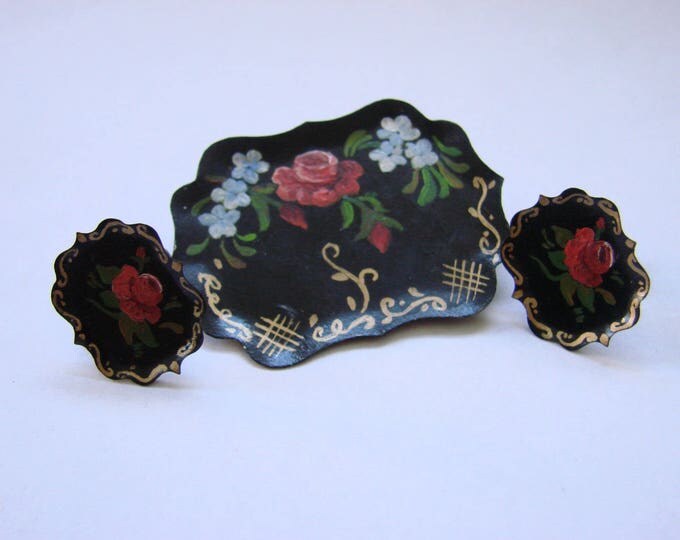 Unique Vintage Tin Tray Floral Tole Paintings Brooch Earrings Folk Art Demi Parure Antique Jewelry Jewellery