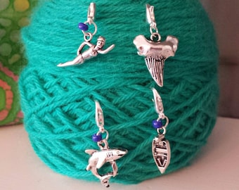Jaws Theme Knitting/Crochet Stitch Markers-Set 4-*Progress Keeper*Project Bag Zipper Pull*Purse/Planner Charm*Jaws*Shark*Ocean Theme*Beach