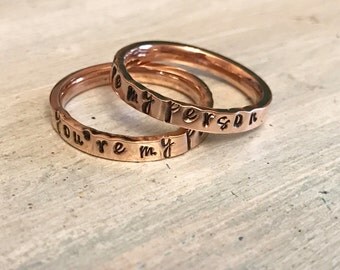 You're my person. Grey's Anatomy Jewelry. Best Friend Gift. Stackable name ring. Stacker name ring. Stacking Ring Set. Engraved ring.