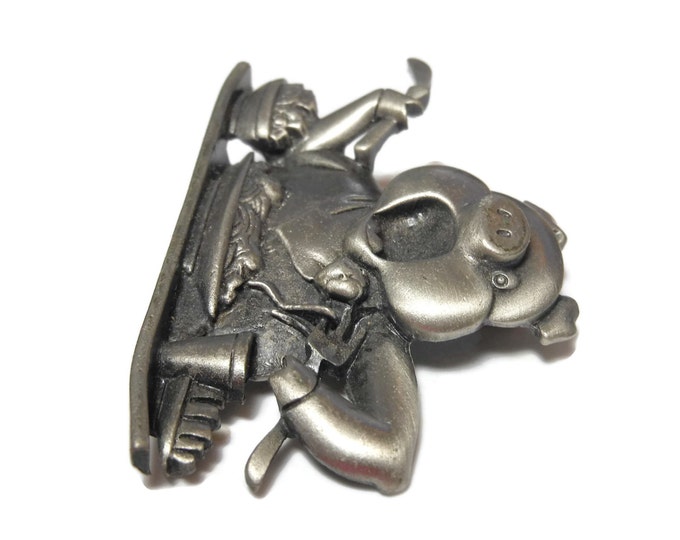 FREE SHIPPING Pewter pig brooch, delightful spaghetti dinner eating pin JJ signed
