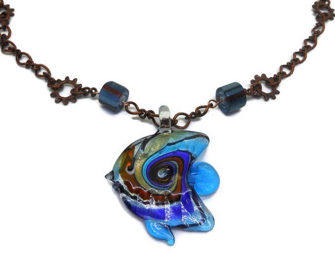 FREE SHIPPING Lampwork glass fish necklace, multicolored pendant, silver foil & gold glitter, swirl antiqued copper chain cane glass accents