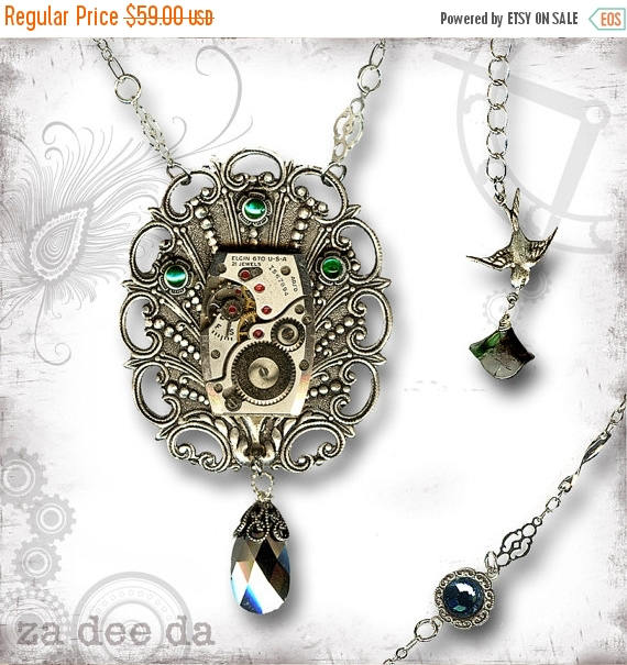 Emerald Peacock Plume Steampunk Necklace ZaDeeDa The Mystic