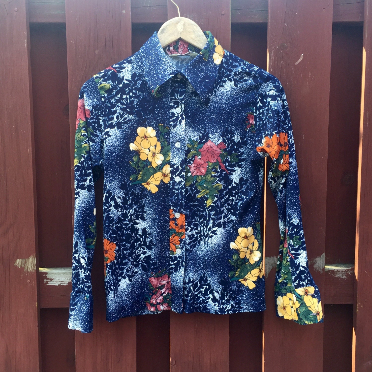 Vintage Floral Polyester Long Sleeved Shirt for Women Blue