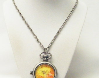 Antique Silver Tone Victorian Photo Locket/Pocket Watch Pendant Necklace