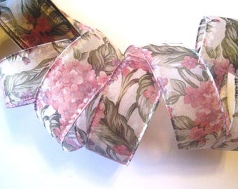 REMNANT - Sheer Wired Floral Ribbon, Pink, 1 1/2 inch wide, For Gift Packing, Wreaths, Center Pieces, Home Decor, Romantic Crafts.