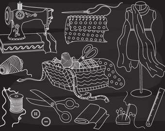 Chalkboard Sewing Clipart - Digital Vector Sewing Machine, Chalkboard Fabric Clip Art