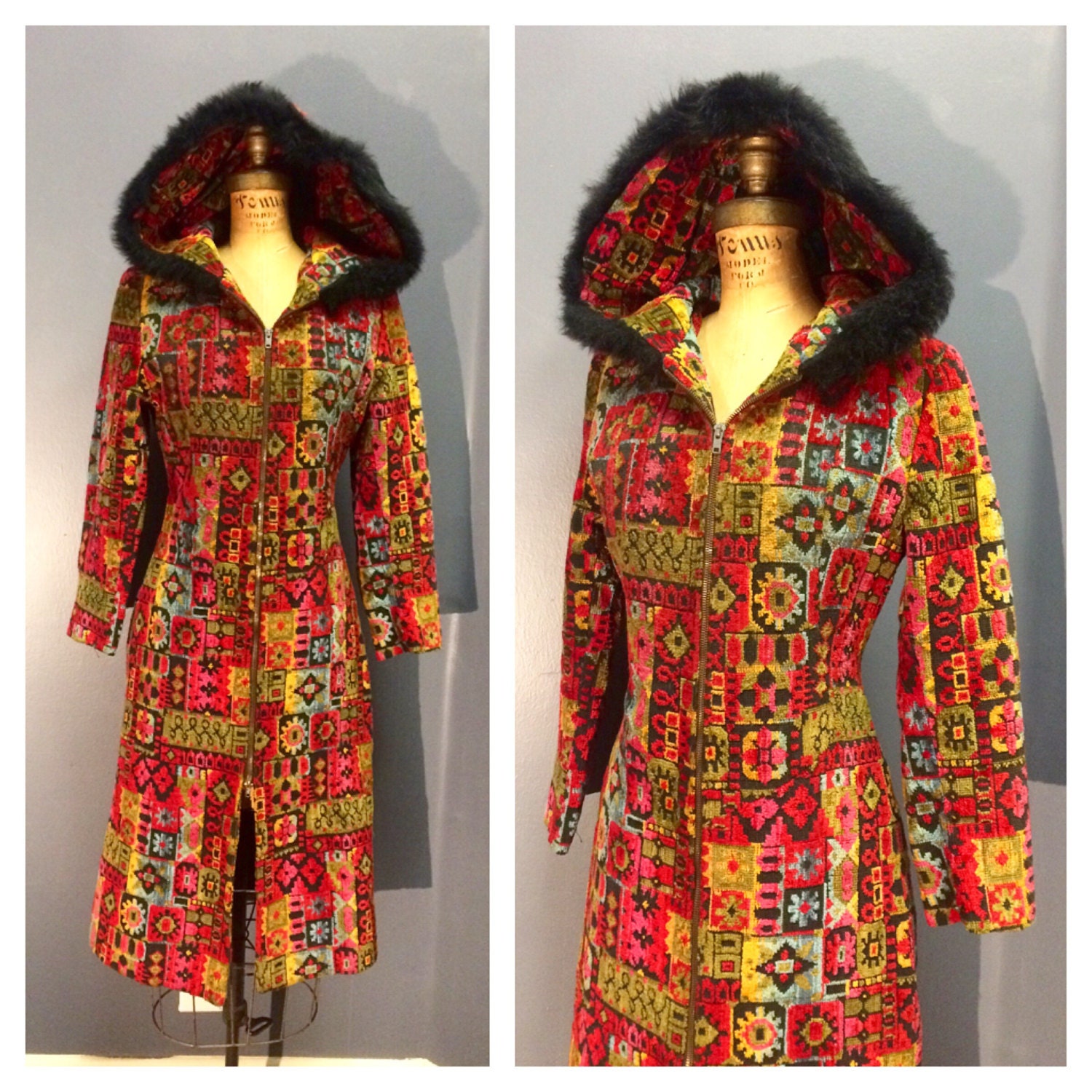 NEEDLEPOINT CARPET COAT 1960's Vintage 1960s Mod Chenille