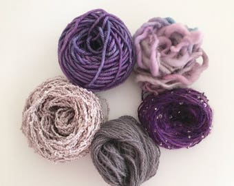 Art Yarn, Craft Yarn, mini balls in various colours of Purple luxurious fibers of silk, merino wool, beads and hand spun yarn