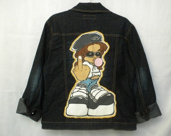 Upcycled Denim Jean Jacket Middle Finger Graffiti 90s Hip Hop Swag Urban Graphics Back Patch Medium