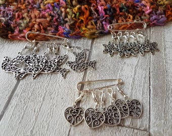 Stitch markers, dove stitch markers, flower stitch markers, heart progress keepers, knitting stitch markers, crochet stitch markers, uk