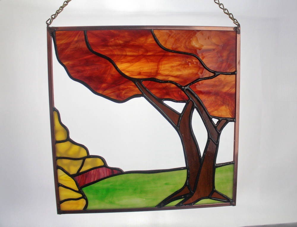 Fall Tree Landscape Stained Glass Panel Fall Colors Stained