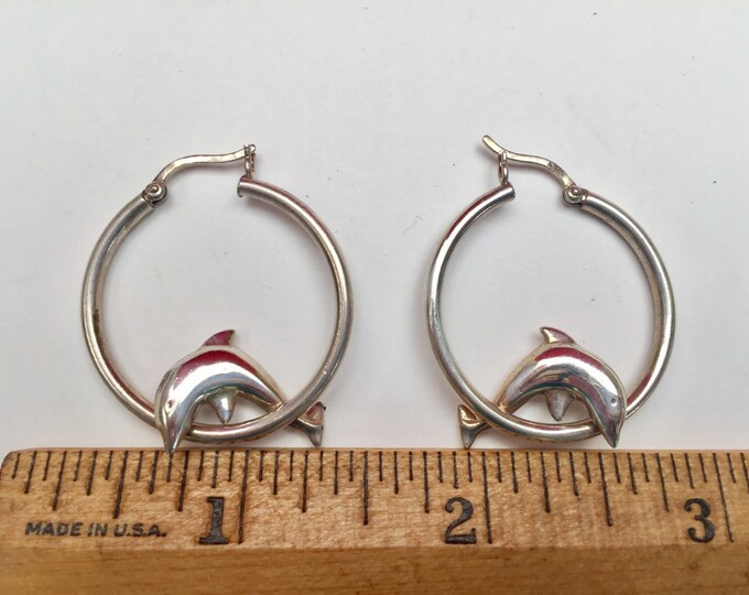 Sterling Dolphin earrings - silver Hoop - sea life - figurine - pierced earrings