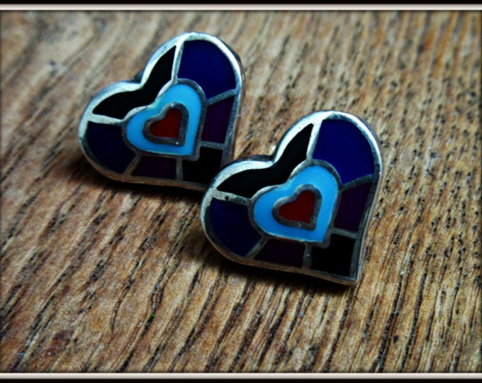 sterling Silver Heart Earrings - Blue Purple Red Enamel inlay - Signed Earring