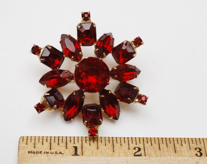 Ruby Red Rhinestone Brooch - Snowflake Atomic Pin - Mid Century