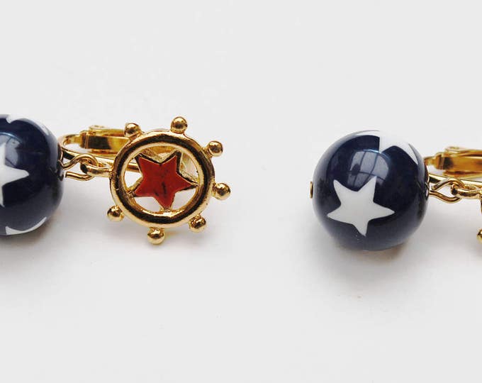 Red white Blue star dangle earrings - Patriotic - enamel gold - Drop - clip on earrings