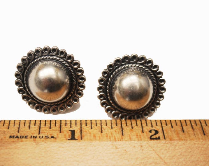 Sterling Silver round Earrings -screw back - domed with twisted wire trim