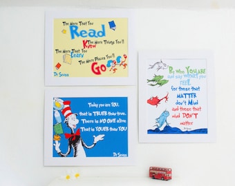 Dr Seuss Prints Collection 3 8 x 10 Mounted Prints for Playroom, Library or Nursery