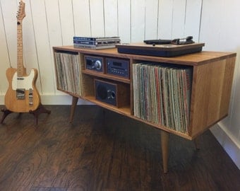 Mid century modern turntable stand, record player cabinet, stereo console featuring quartersawn white oak.
