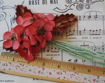 Vintage Cloth Coral Red Millinery Flower Spray Cloche Lady Hat Victorian Doll Bonnet Trim Flapper Boudoir French Bebe Christmas