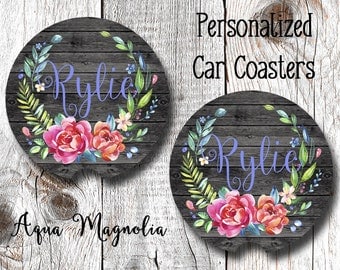 Floral Wreath - Weathered Wood - Personalized - Car Coasters - Shabby Chic - Car Accessory - Monogrammed