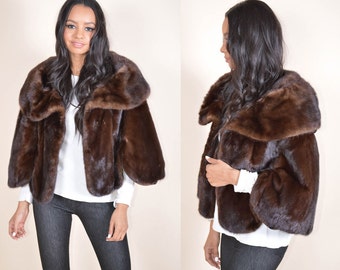 Vintage MINK Huge Collar Cape Jacket Winter Wedding Bridal Brown Chestnut Coat