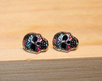 Sugar Skull Stud Earrings, Titanium Post Earrings, Mexican Sugar Art Earrings