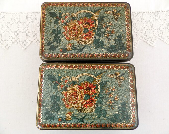 2 Vintage French Metal Cookie Tin / Sugar Cube Box with Floral Rose Flower Mosaic Style Pattern, French Decor, Matching Pair, Retro,, Alsa