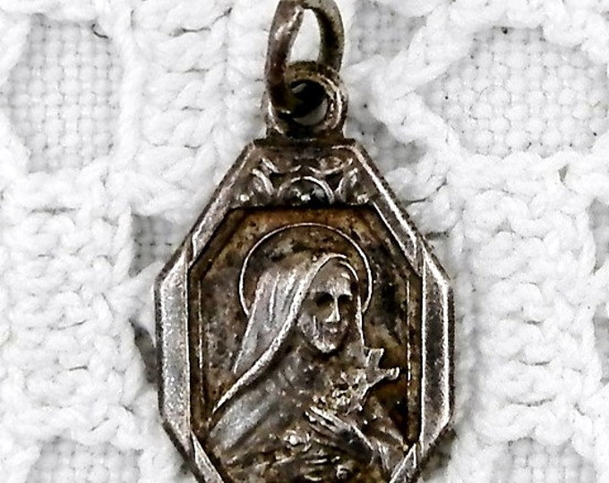 Antique French Religious Silver Plated Medal of Saint Teresa, St Therese Catholic Religious Rosary Charm, Christian Religion, Normandy