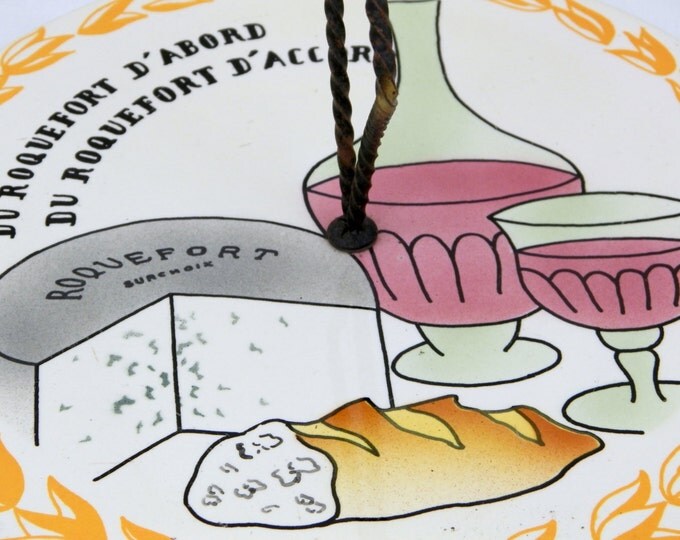 Vintage French Mid Century Ceramic Cheese Platter With Retro Illustration of a Carafe of Wine, Baguette and Roquefort Blue Cheese, Food