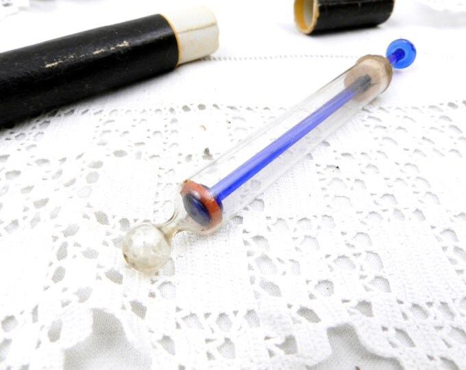 Antique French Boxed Blue and Clear Glass Syringe Extractor / Extraction Tube, Apothecary Laboratory Medical Equipment, Curios Doctor Prop