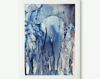 Original abstract painting blue grey elephant rain ink painting
