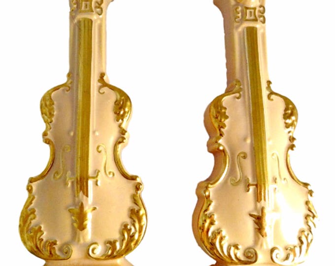 Wall Pocket Vases by Goldra - Violins Violas Hand Painted Pottery Wall Hanging - Pink and Gold Vases Mid Century