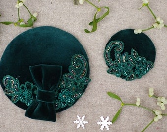 Headpiece Pillbox Fascinator deepgreen velvet green vintage 30ties 50ties vintage pin up style elegant accessoires minimalistic embrodery