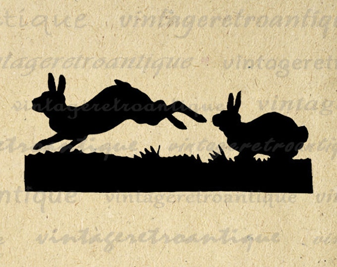 Printable Image Rabbits Silhouette Digital Bunny Illustration Graphic Download Antique Clip Art Jpg Png Eps HQ 300dpi No.3336