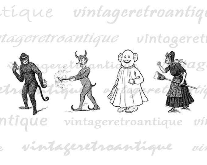 Monkey Witch Devil and Ghost Digital Image Download Printable Graphic Vintage Clip Art Jpg Png Eps HQ No.1850