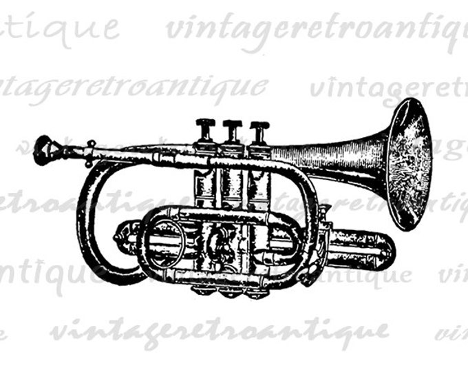 Printable Digital Cornet Trumpet Graphic Music Instrument Download Band Image Vintage Clip Art Jpg Png Eps HQ 300dpi No.1115