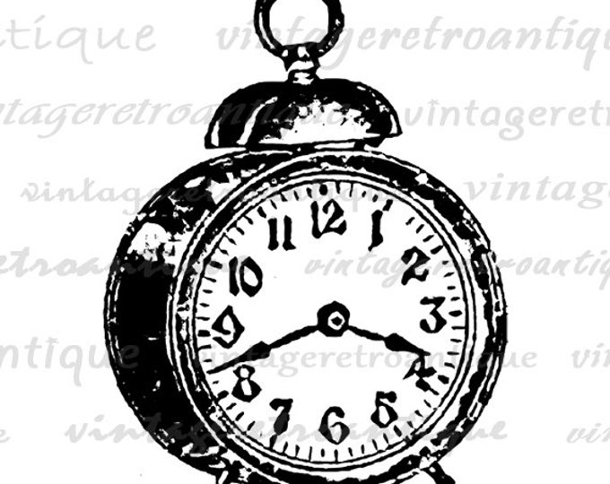 Digital Graphic Antique Alarm Clock Printable Illustration Image Download Vintage Clip Art Jpg Png Eps HQ 300dpi No.1323