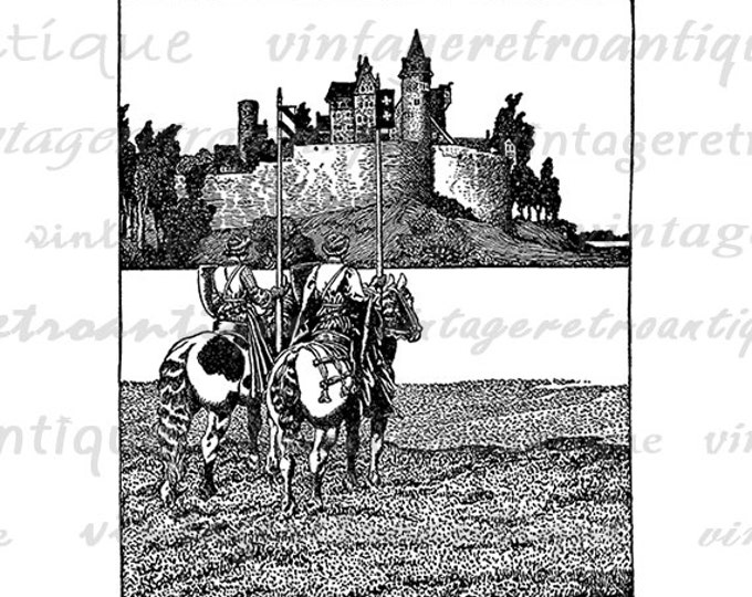 Printable Image Medieval Knights on Horseback with Castle Digital Download Graphic Antique Clip Art Jpg Png Eps HQ 300dpi No.2790