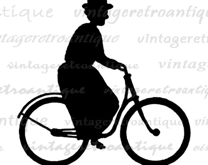 Lady Riding Bicycle Silhouette Printable Image Graphic Woman on Bike Download Digital Artwork Vintage Clip Art HQ 300dpi No.3241