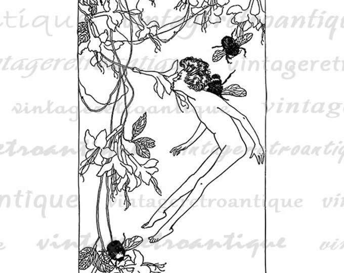 Fairy with Bees Digital Image Download Printable Graphic Vintage Clip Art Jpg Png Eps HQ No.2942